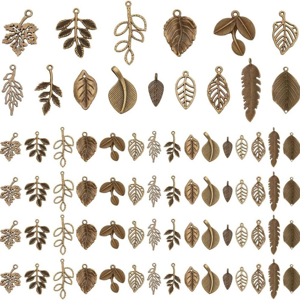 150pcs 15 Styles Tree Leaf Charms Pendants, Tibetan Branch Leaves Charms Metal A